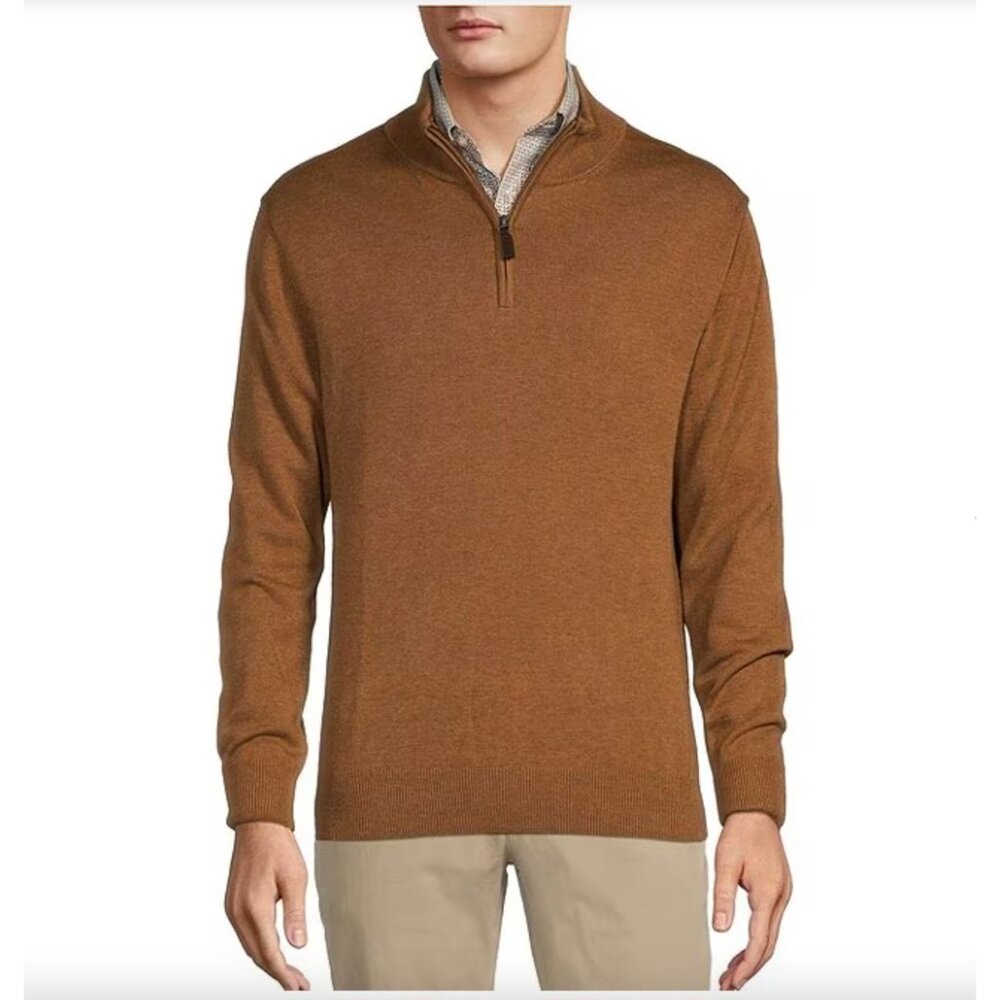 Roundtree & Yorke Mens XL Brown Half-Zip mock neck Sweater fall winter warm